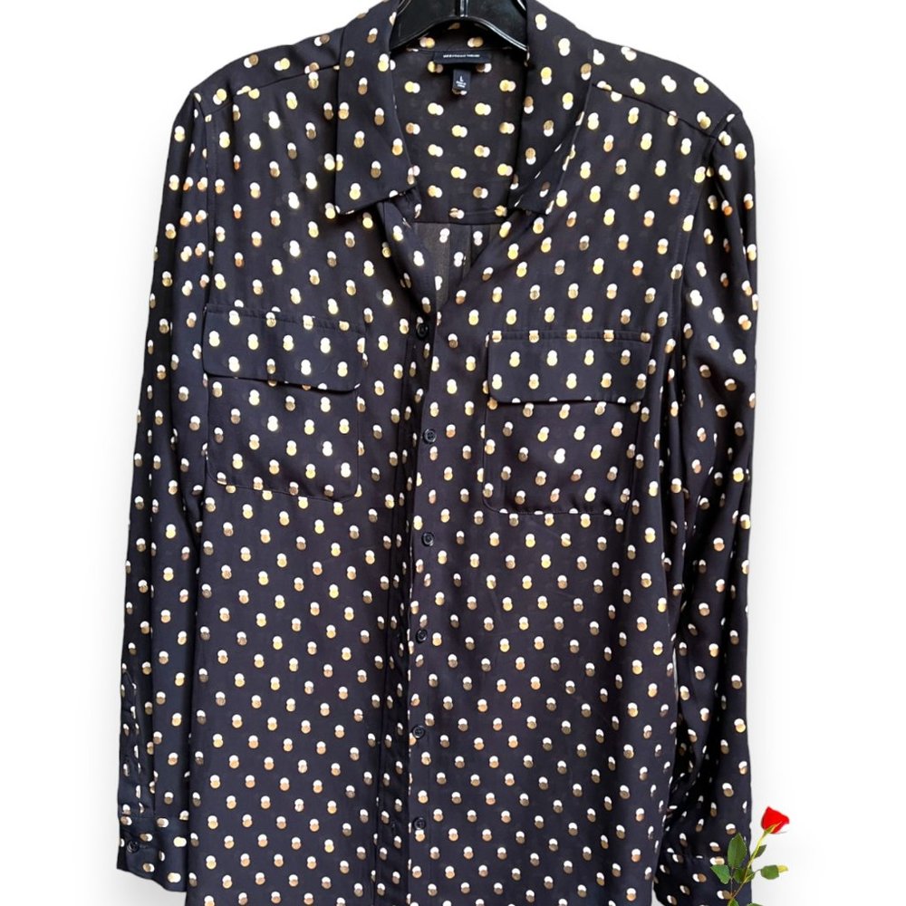 NWOT - WhoWhatWear Black blouse with white and gold dots - L